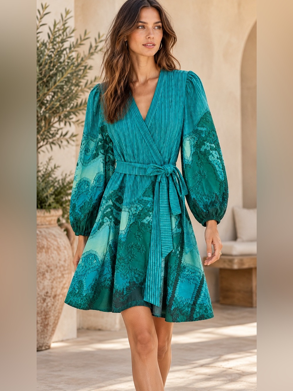 Celina Moon Wrap Dress Large Teal Botanical Puff Sleeve Belted 100% Cotton Mini
